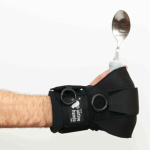 General Purpose gripping aid holding spoon. Adaptive gym equipment. Suitable for reduced hand function: tetra, quad, cerebral palsy, SCI, spinal cord injury, stroke and more.