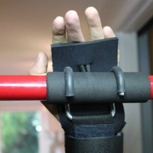 Hook aid on bar. Adaptive gym equipment. Suitable for reduced hand function: tetra, quad, cerebral palsy, SCI, spinal cord injury, limb difference, stroke and more.