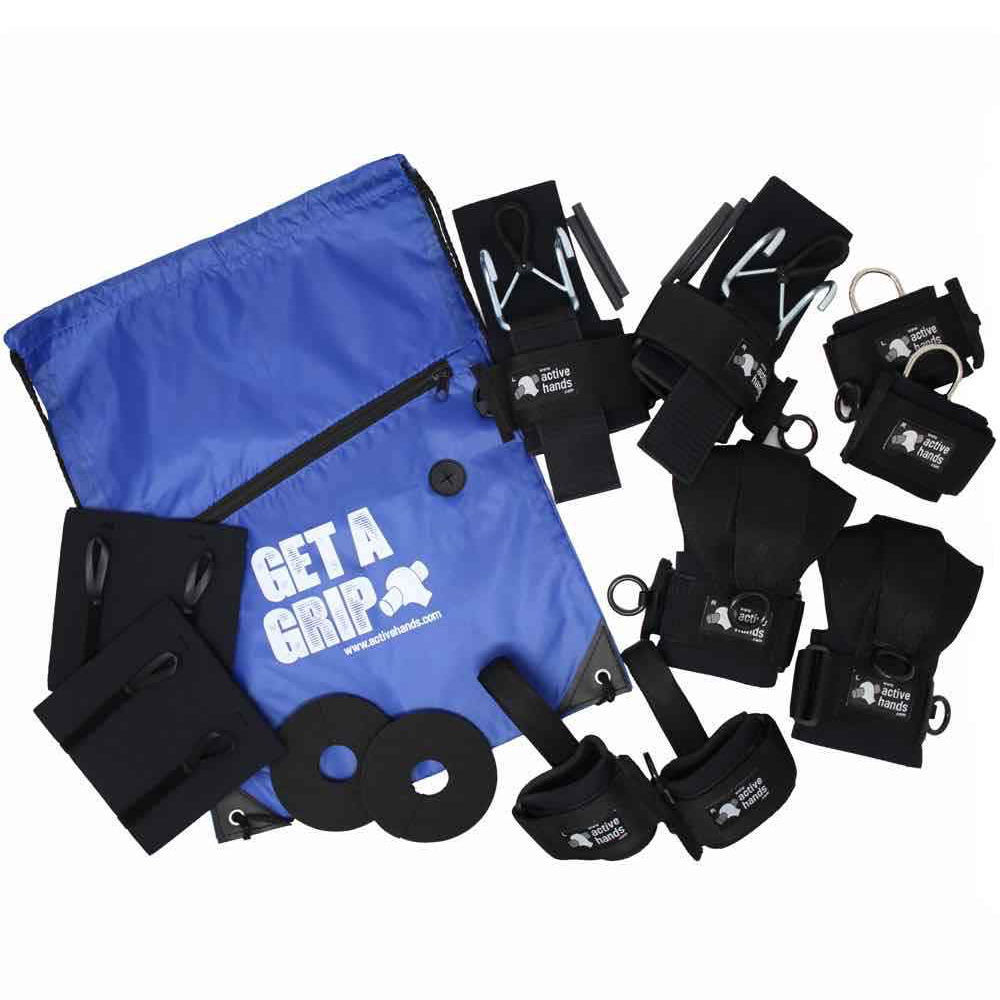 Gym pack deluxe 'bigger and better'. pair of General Purpose aids, pair of looped aids, pair of d-ring aids, 2x heavy use gripping wraps, 2 x thumb protectors, pair Hook aids and a 'get a grip' slogan gym bag. Adaptive gym equipment. Suitable for reduced hand function: tetra, quad, cerebral palsy, SCI, spinal cord injury, stroke and more.