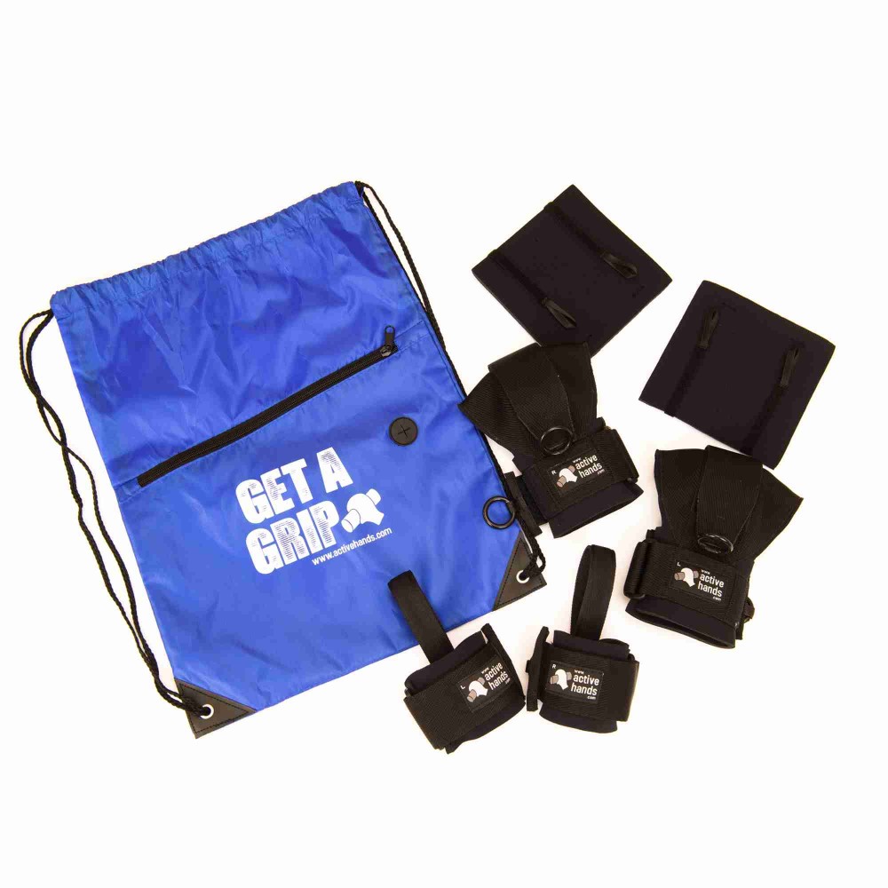 Gym Pack. 2 General Purpose aids, pair looped aids, 2 heavy use grip wraps and 'get a grip' slogan bag. Adaptive gym equipment. Suitable for reduced hand function: tetra, quad, cerebral palsy, SCI, spinal cord injury, limb difference, stroke and more.