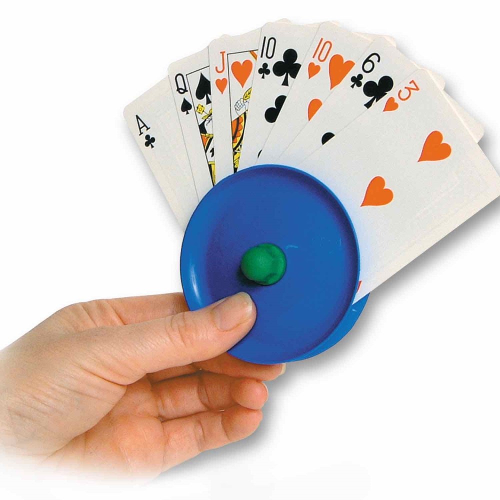 Hand holding card holder with cards fanned out. Suitable for reduced hand function: tetra, quad, cerebral palsy, SCI, spinal cord injury, stroke and more.