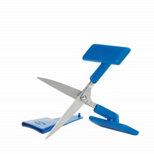 Table-top push-down scissors. Suitable for reduced hand function: tetra, quad, cerebral palsy, SCI, spinal cord injury, stroke and more.