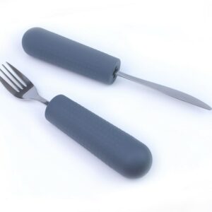 cutlery grips with knife and fork in. Suitable for reduced hand function: tetra, quad, cerebral palsy, SCI, spinal cord injury, stroke and more.