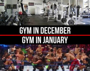 Top: gym in December (image of empty gym). Bottom: Gym in January (image of full boxing ring)