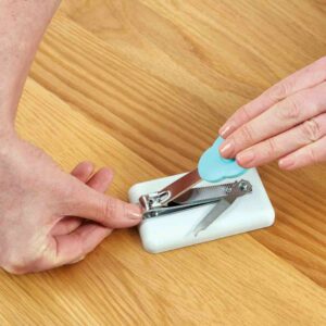 Table-top push-down nail clippers. Suitable for reduced hand function: tetra, quad, cerebral palsy, SCI, spinal cord injury, stroke and more.