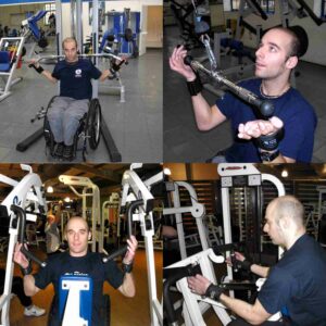 Rob with looped aids on various gym equipment. Adaptive gym equipment. Suitable for reduced hand function: tetra, quad, cerebral palsy, SCI, spinal cord injury, limb difference, stroke and more.