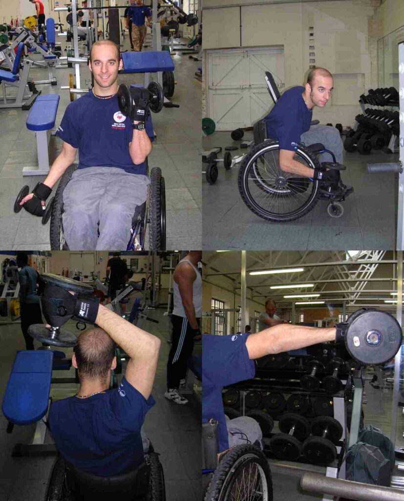 Rob with General Purpose aid - free weights. Adaptive gym equipment. Suitable for reduced hand function: tetra, quad, cerebral palsy, SCI, spinal cord injury, limb difference, stroke and more.
