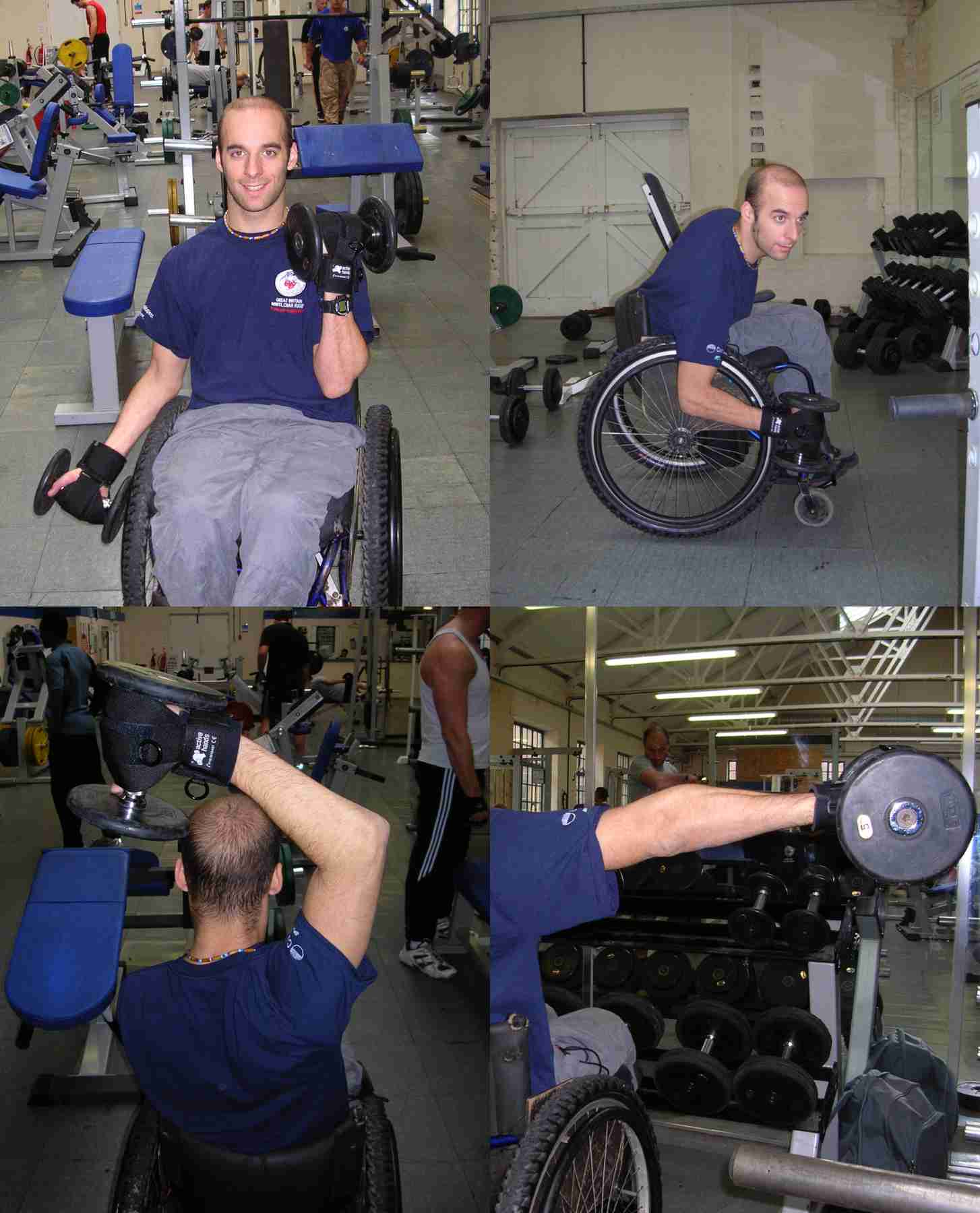 Rob with General Purpose aid - free weights. Adaptive gym equipment. Suitable for reduced hand function: tetra, quad, cerebral palsy, SCI, spinal cord injury, limb difference, stroke and more.