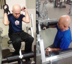 Jose in the gym with the General Purpose aid. Adaptive gym equipment. Suitable for reduced hand function: tetra, quad, cerebral palsy, SCI, spinal cord injury, limb difference, stroke and more.