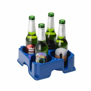 Muggi drinks anti-spill drinks tray holding 4 bottles of beer. Suitable for reduced hand function: tetra, quad, cerebral palsy, SCI, spinal cord injury, stroke and more.