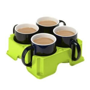 Muggi drinks anti-spill drinks tray holding 4 mugs of tea. Suitable for reduced hand function: tetra, quad, cerebral palsy, SCI, spinal cord injury, stroke and more.