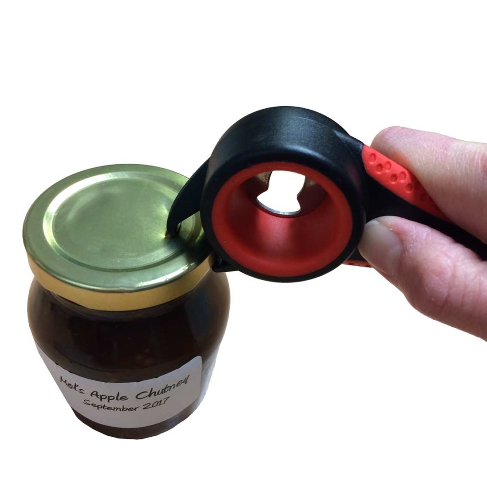 5-in-1 bottle, jar and can opener opening jar. Adaptive kitchen equipment. Suitable for reduced hand function: tetra, quad, cerebral palsy, SCI, spinal cord injury, stroke and more.