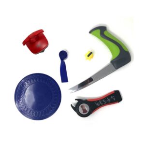 The kitchen pack contains a palm peeler, all-purpose knife, 5-in-1 opener, non-slip coaster and Nimble