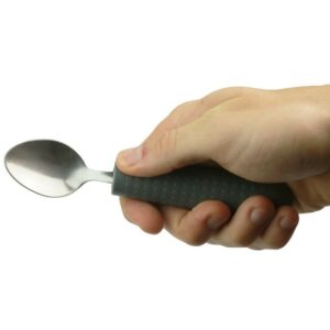Child grey cutlery grip holding spoon. Suitable for reduced hand function: tetra, quad, cerebral palsy, SCI, spinal cord injury, stroke and more.