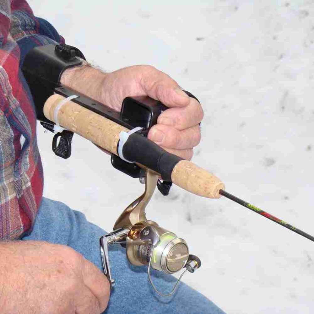 Receive-all holding fishing rod. Suitable for reduced hand function: tetra, quad, cerebral palsy, SCI, spinal cord injury, stroke and more.