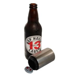 Automatic push-down bottle opener by bottle, cap removed - adaptive kitchen equipment. Suitable for reduced hand function: tetra, quad, cerebral palsy, SCI, spinal cord injury, stroke and more.