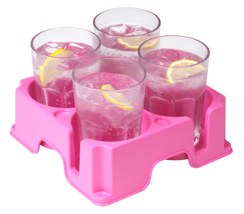 4 glasses of gin and tonic in a pink muggi - carry drinks for all your friends while keeping spillage to a minimum