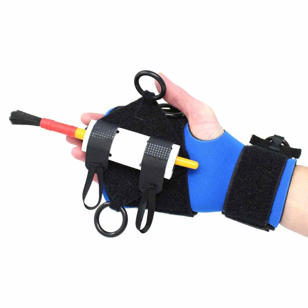 Small Item aid holding paintbrush. Suitable for reduced hand function: tetra, quad, cerebral palsy, SCI, spinal cord injury, stroke and more.