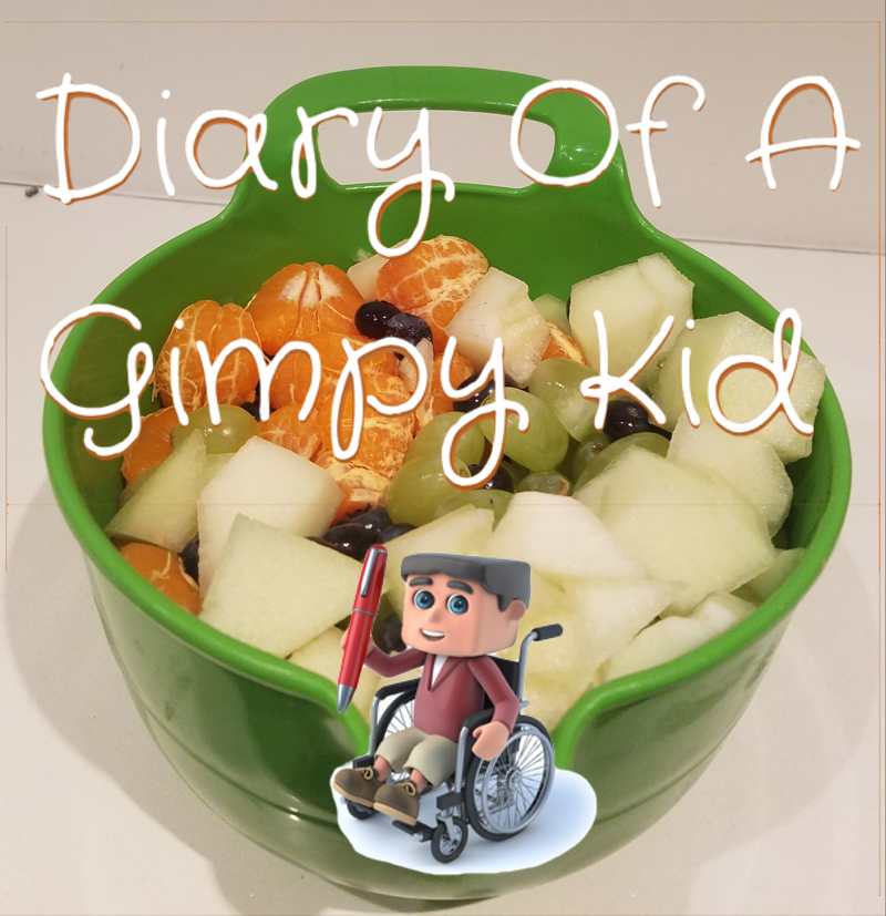 Fruit bowl with 'Diary of a Gimpy Kid' blog logo over it