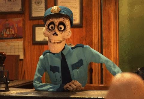 gif skeleton with jaw dropping off from film 'Coco'