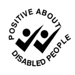 words "positive about disabled people" with images of ticks which also look like the heads and shoulders of 2 people