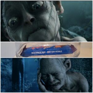 Gollum (character from Lord of the Rings) looking at a Cadbury's TimeOut (chocolate wafer bar)