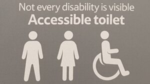 Image of standing man, standing woman, and person in wheelchair with words "Not every disability is visible Accessible toilet"