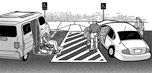 Car park/ parking lot disabled spaces. Left: woman getting out of adapted van in wheelchair, Right: man getting out of car with walking frame.