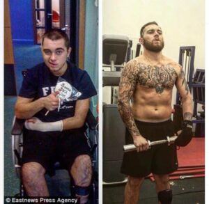 Left: Lewis in wheelchair. Right: Lewis standing in gym with General Purpose on hand
