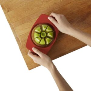apple slicer, easy use, push down. Adaptive kitchen equipment. Suitable for reduced hand function: tetra, quad, cerebral palsy, SCI, spinal cord injury, stroke and more.