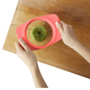 apple slicer, easy use, push down. Adaptive kitchen equipment. Suitable for reduced hand function: tetra, quad, cerebral palsy, SCI, spinal cord injury, stroke and more.