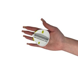 The palm peeler sits over your finger and the blade sits safely in your hand
