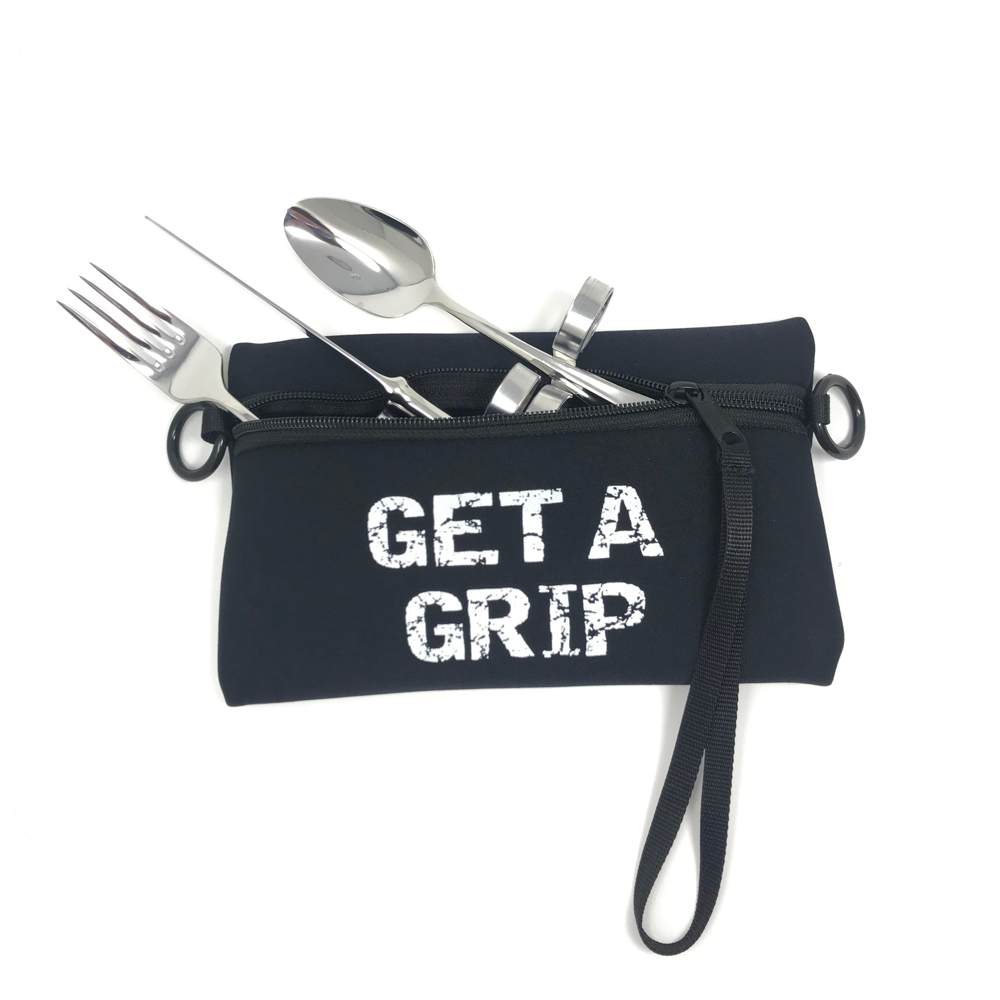Cutlery with loops knife, fork and spoon set with black 'Get a Grip' slogan storage pouch. Adaptive kitchen equipment. Suitable for reduced hand function: tetra, quad, cerebral palsy, SCI, spinal cord injury, stroke and more.