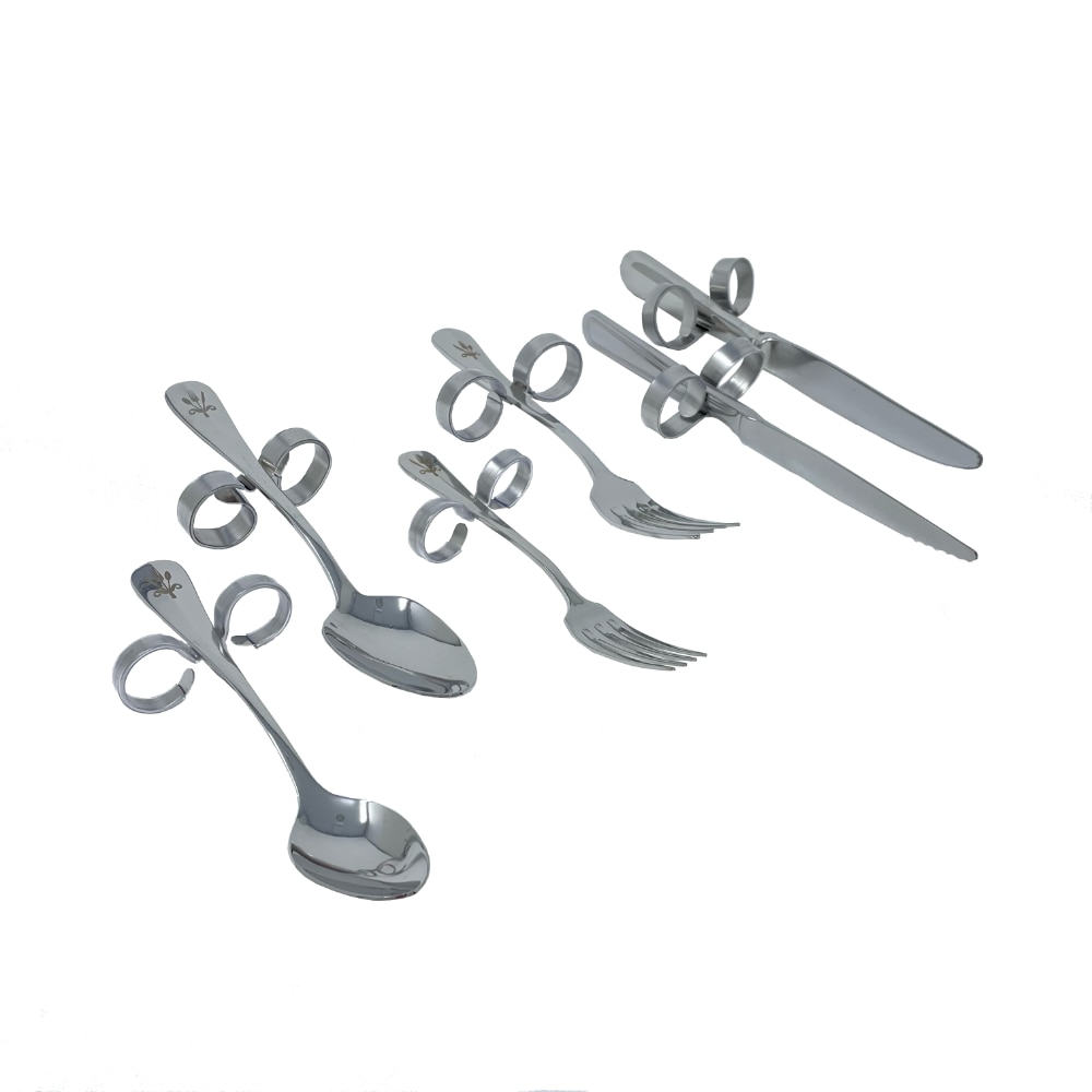 All variations of cutlery with loops: tea-spoon, spoon, small fork, standard fork, steak knife and standard knife