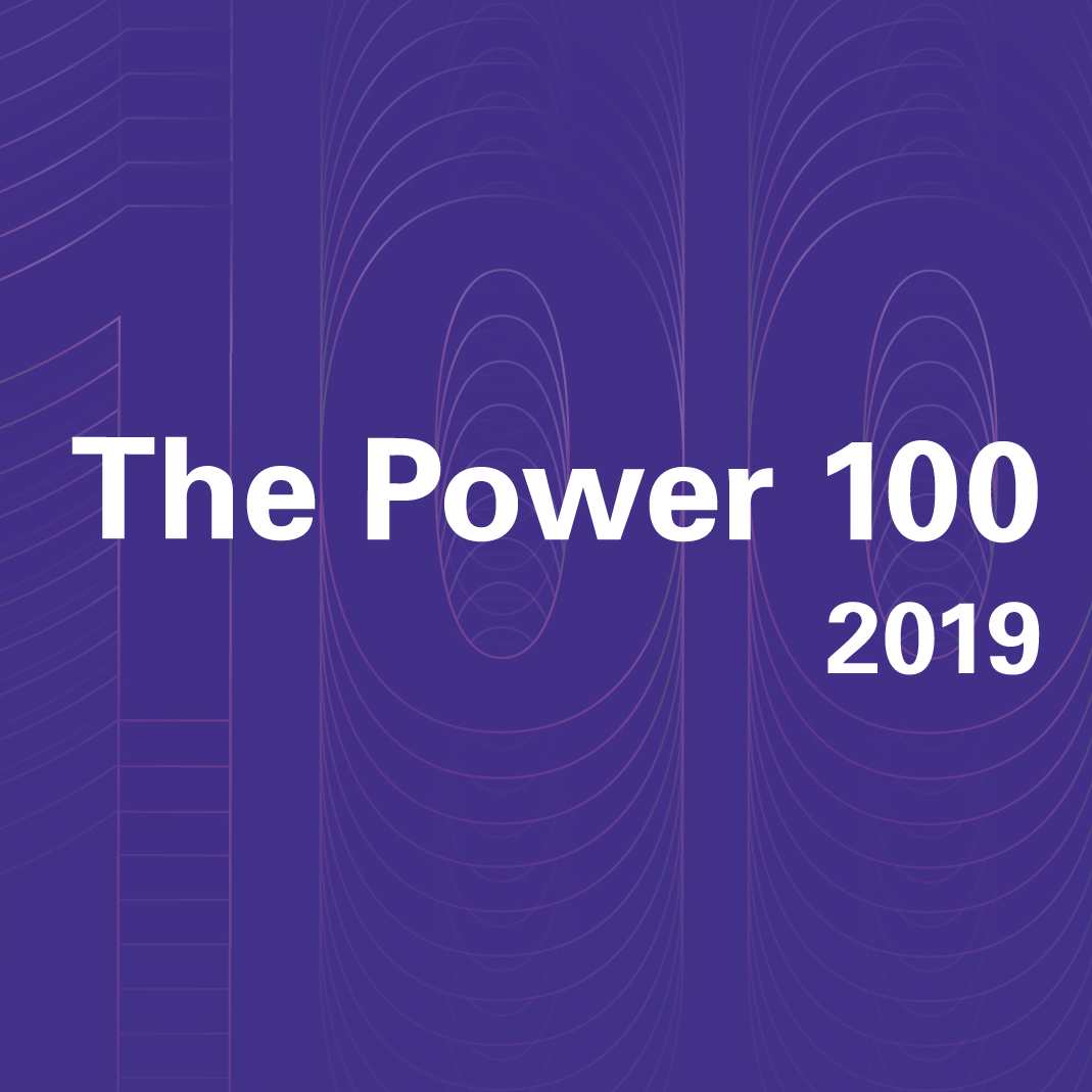 Words "The Power 100 2019" on a purple square