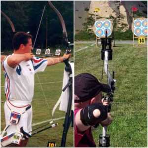 Damien competing in archery before and after his accident