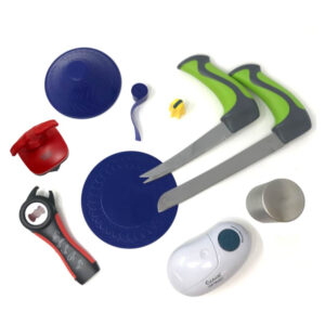 The kitchen pack deluxe offers you great value over buying the products separately. The pack contains bread and all-purpose right-angled knives, jar, bottle and can openers, a 5-in-1 opener, palm peeler, Nimble, anti-slip strip and a non-slip coaster.