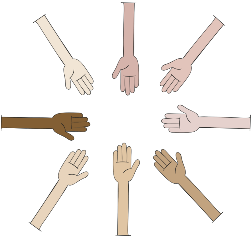 Hands of different skin tones all reaching into a circle