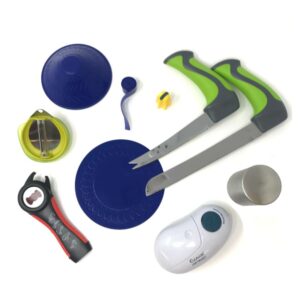 the kitchen pack with the 5-in-1 opener, coaster, one touch can opener, palm peeler, automatic bottle opener, nimble, bread and all-purpose knives and anti-slip strip