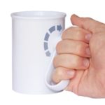 the hand steady mug with some arrows on it showing how the handle rotates while the cup remains upright