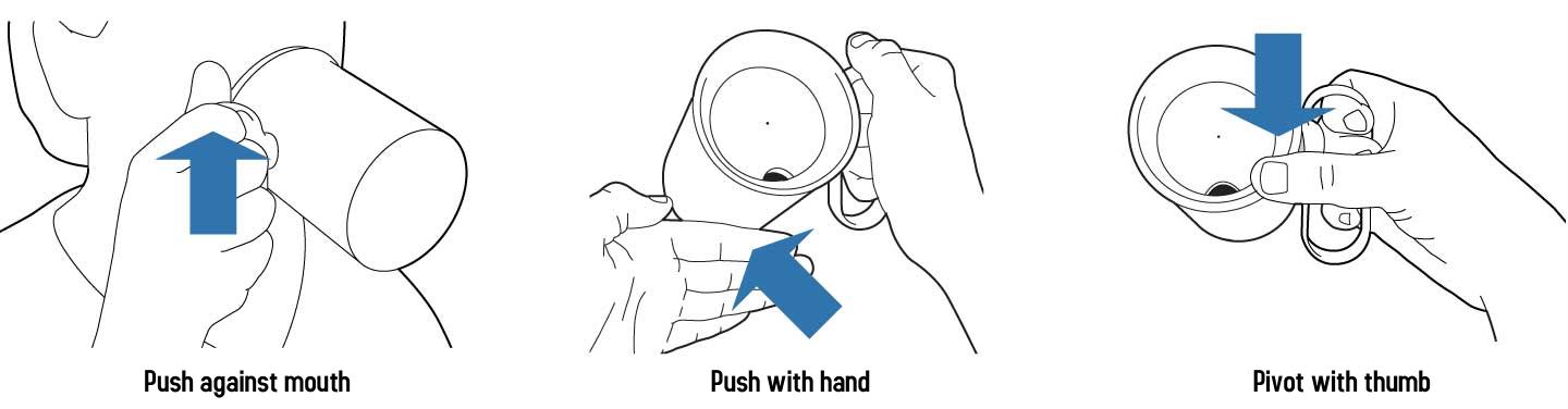 diagram with three pictures showing the options for using the hand steady mug: push against your mouth, with your hand or use your thumb