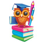 An owl with a gradutation cap, holding pencils and standing on books