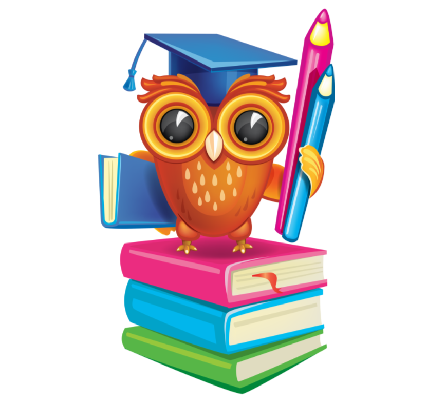 An owl with a gradutation cap, holding pencils and standing on books