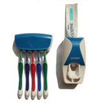 a blue toothpaste dispenser and toothbrush holder. The toothbrush holder has 5 toothbrushes in it and the toothpaste dispenser has Sensodyne toothpaste in it
