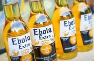 Corona beer bottles with ebola written on them