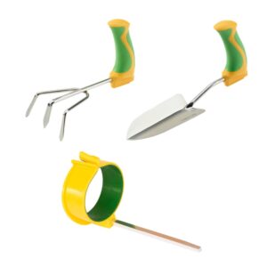 set of garden tools consisting of a cultivator, trowel and arm cuff