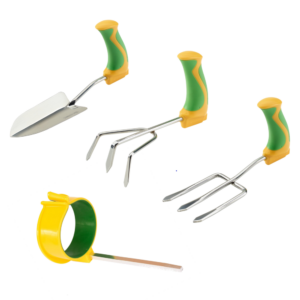 set of garden tools consisting of a cultivator, trowel, fork and arm cuff