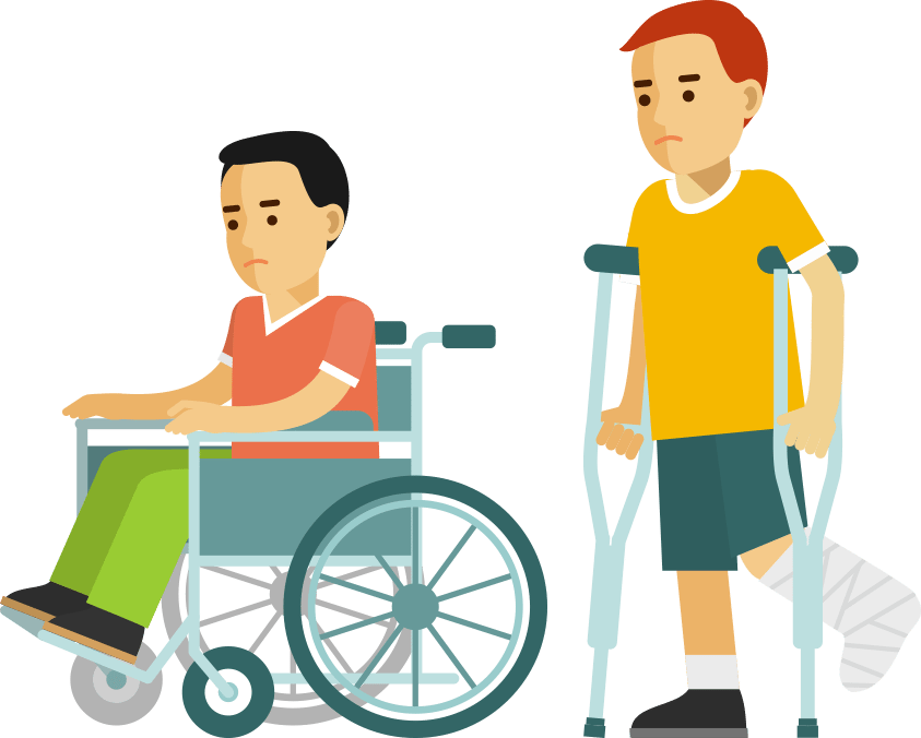 cartoon of a boy in a wheelchair and a boy on crutches with sad faces