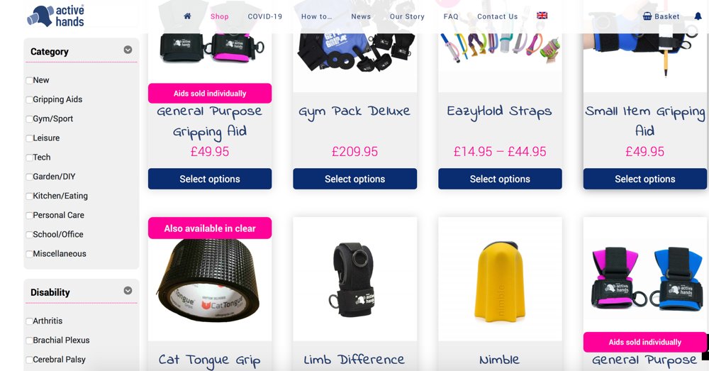 Screenshot of the Active Hands shop showing how Headwall hosting has helped us to update the site