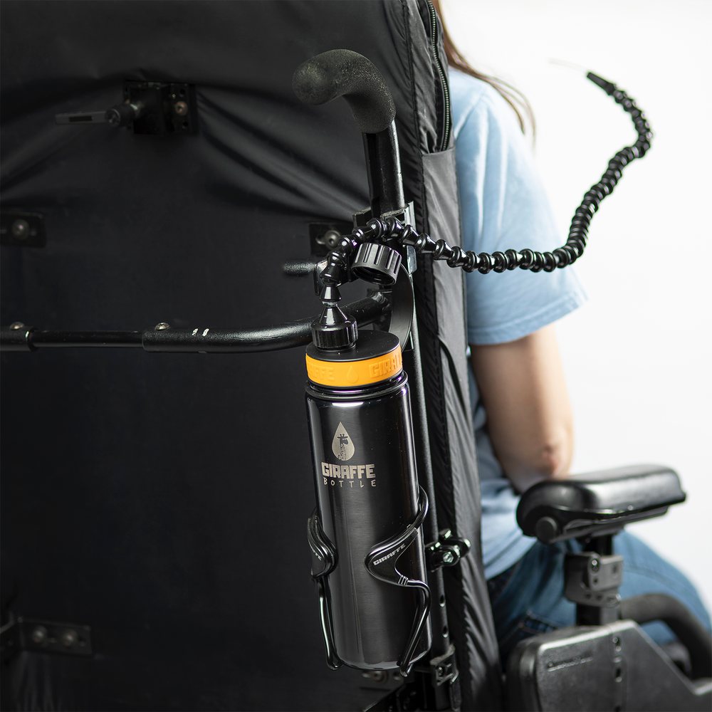 With a longer neck you can attach the giraffe bottle to the back of your wheelchair